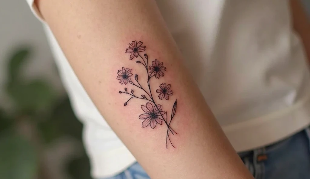 Elegant bouquet fine line tattoo on forearm, representing family and unity.