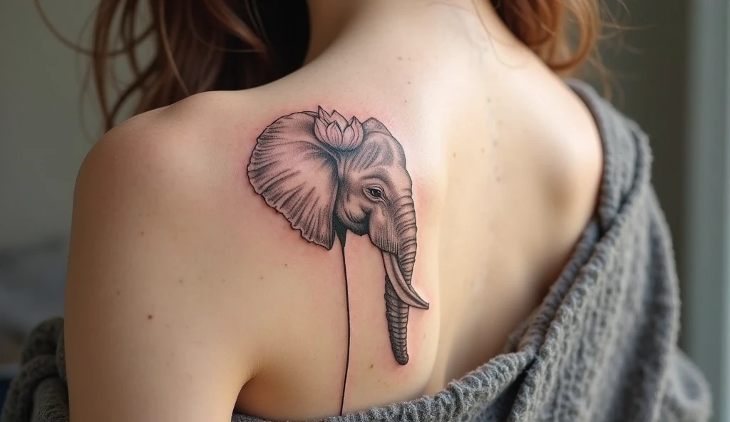 Spiritual fine line tattoo of lotus and elephant, representing balance.