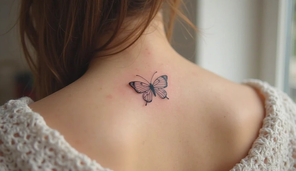 Tiny butterfly fine line tattoo symbolizing freedom and transformation.