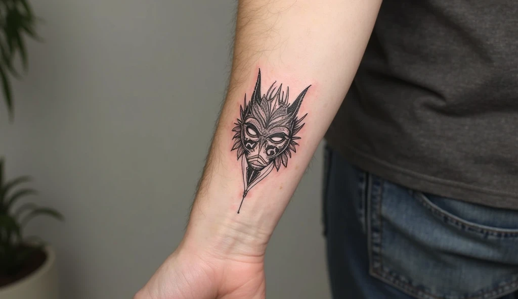 Mononoke Mask Tattoo – Mystical aesthetic tattoo design of a Mononoke mask with fine detailing.
