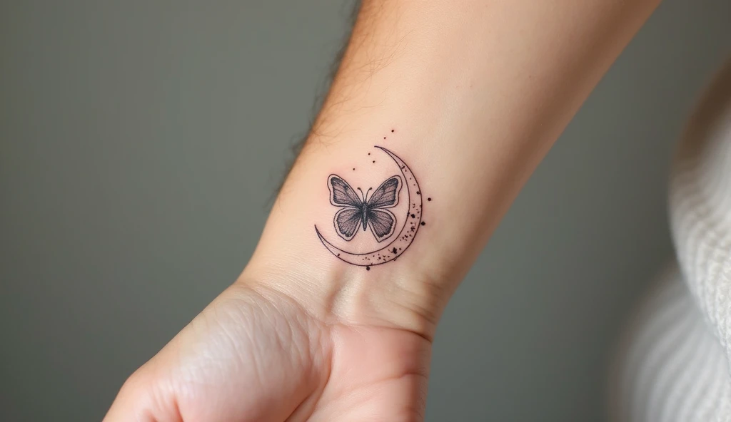 Butterfly in the Moon Aesthetic Tattoo – Ethereal butterfly on moon aesthetic tattoo design for men.