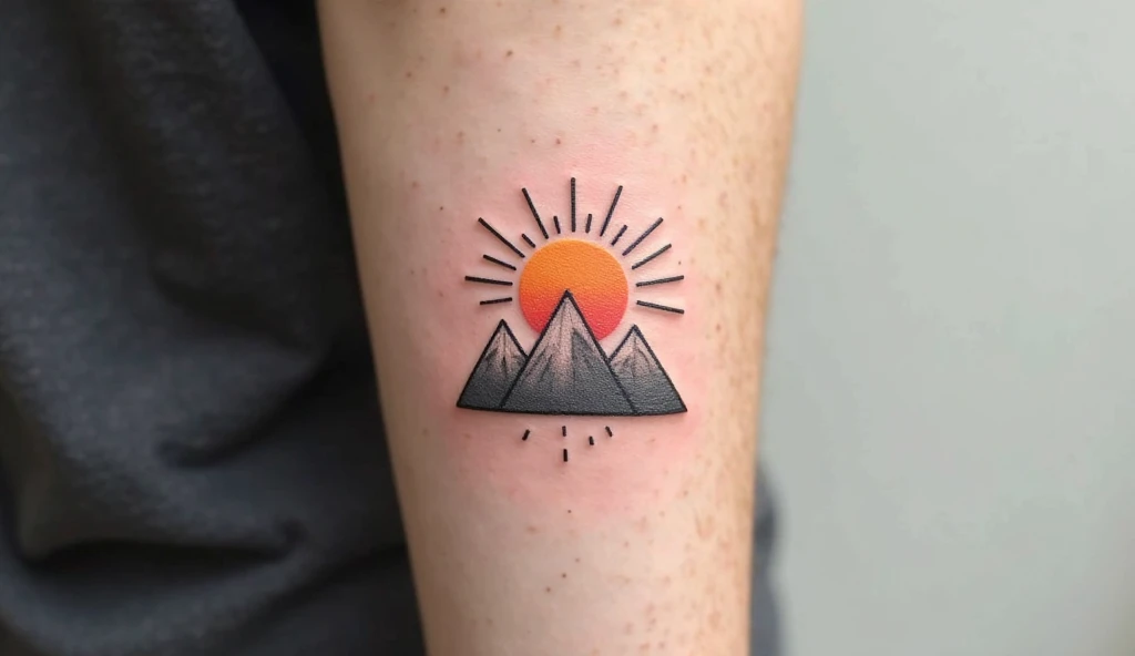 Geometric Sun and Mountain Outline Tattoo