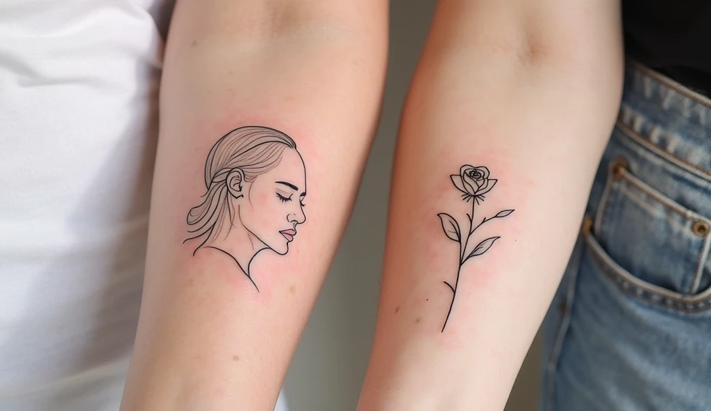 Face Outline + Rose Fine Line Tattoos for Couples