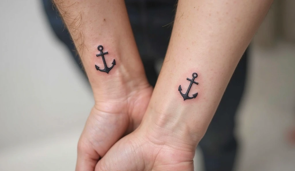 Matching Anchor Fine Line Tattoos for Couples