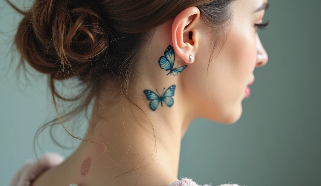 Blue Butterflies Behind Ear Tattoo