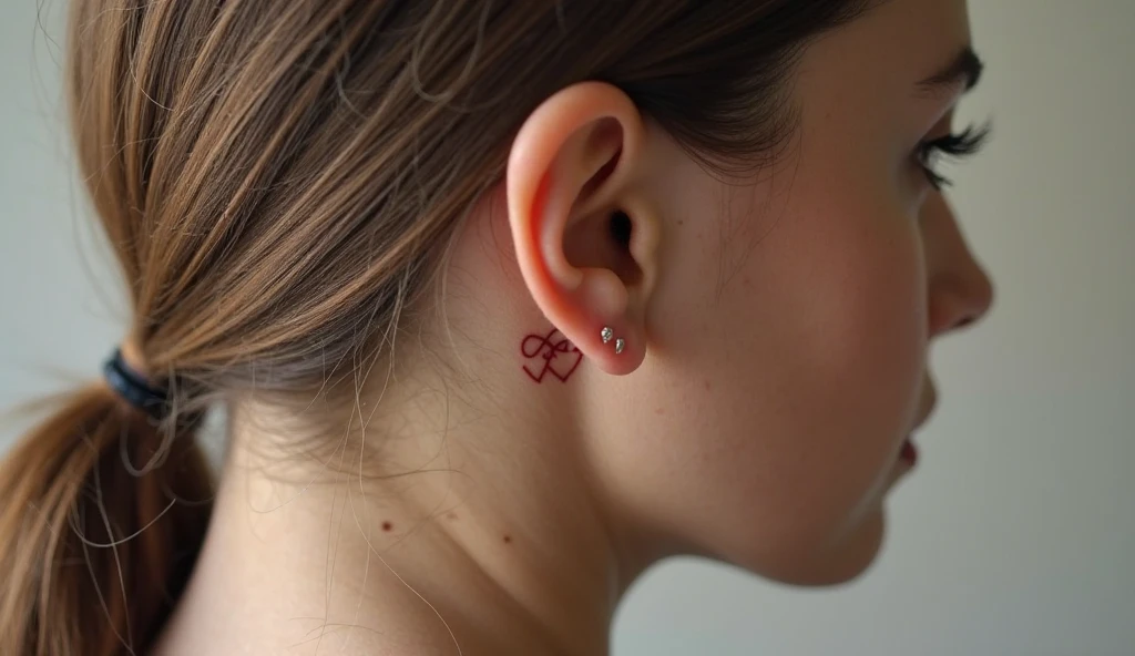 Red Ink Behind Ear Tattoo Design