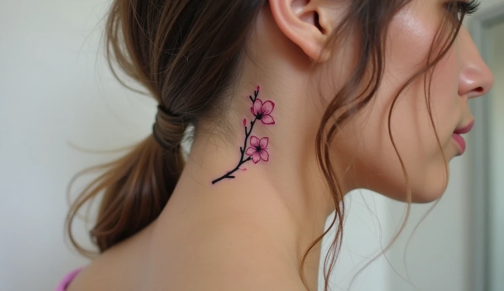 Cherry Blossoms Behind Ear Tattoo