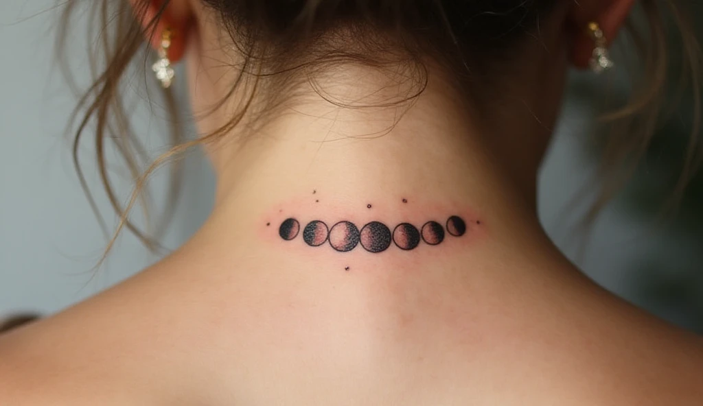 Moon phases in curved row small neck tattoo representing change, growth, and cycles of life.