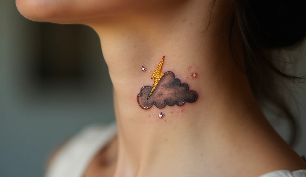 Cloud with lightning and stars small neck tattoo symbolizing power, wonder, and energy.