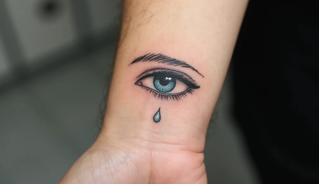 A close-up of a minimalist eye tattoo with a single tear on the wrist, symbolizing emotional awareness, vulnerability, and the bravery of showing true feelings.