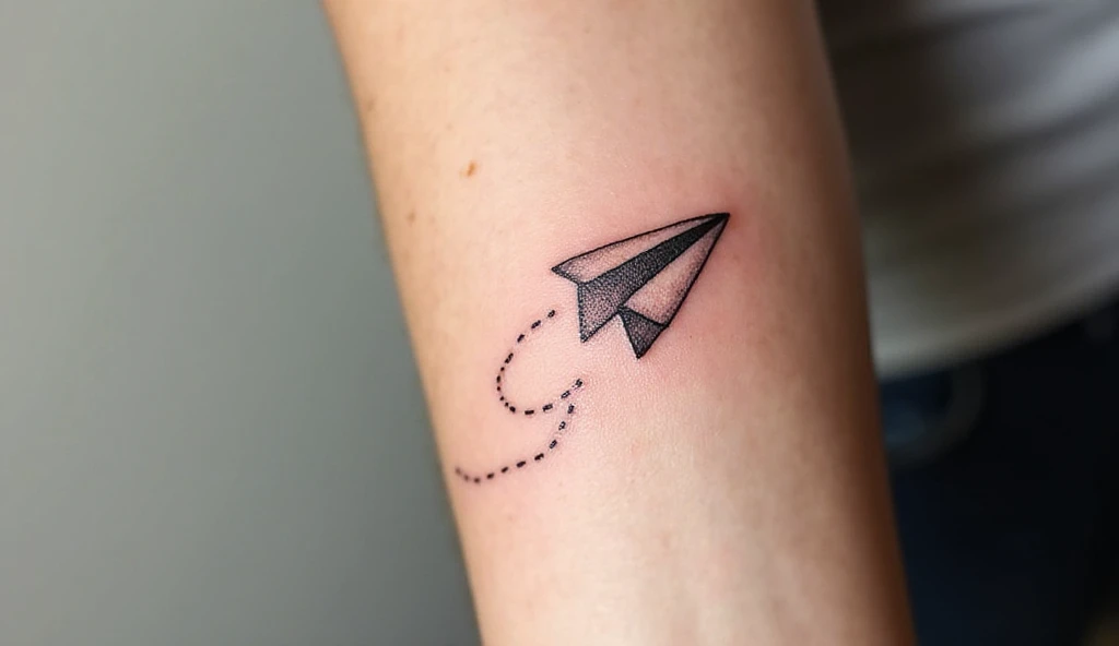 A close-up of a small paper airplane tattoo on the forearm, symbolizing letting go of overthinking and embracing the light journey of thoughts.
