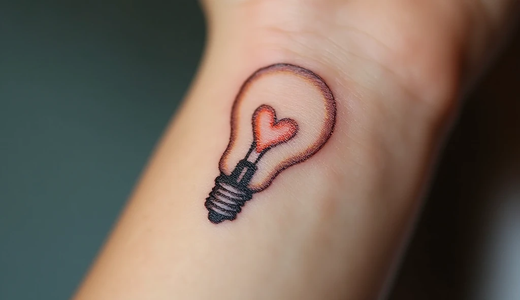 A close-up of a tiny lightbulb tattoo with a heart in the center on the wrist, symbolizing bright ideas, inner light, and the power of self-love.