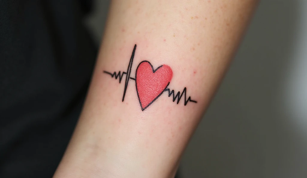 A close-up of a small wave connected to a heartbeat tattoo on the forearm, symbolizing life’s flow and emotional balance.