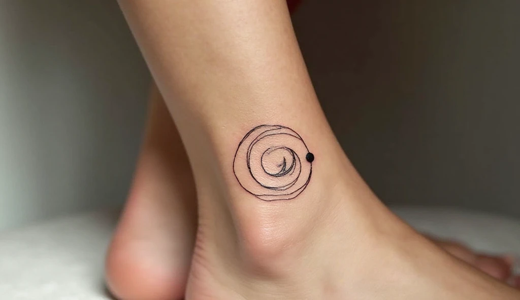 A close-up of a small spiral with a dot tattoo, symbolizing self-discovery, clarity, and personal growth.