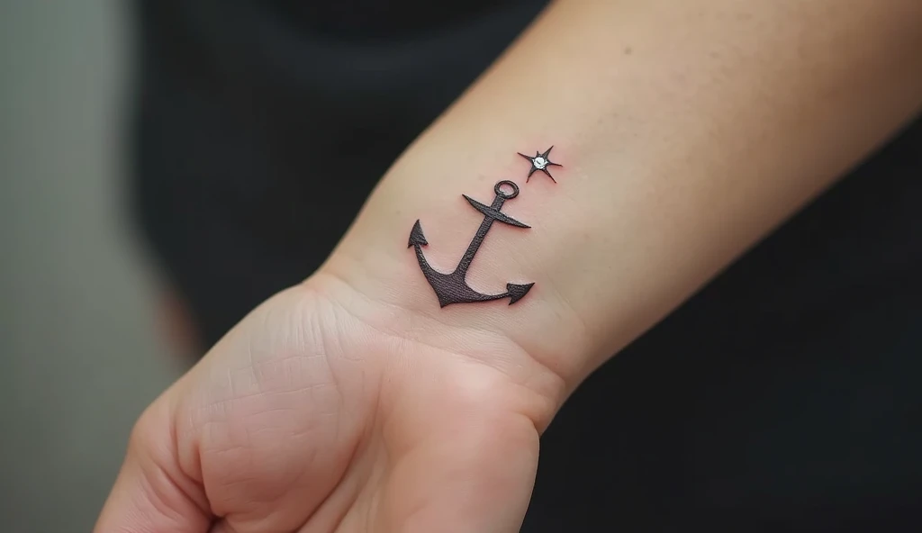 A close-up of a tiny anchor with a star tattoo on the wrist, symbolizing stability and guidance during tough times.