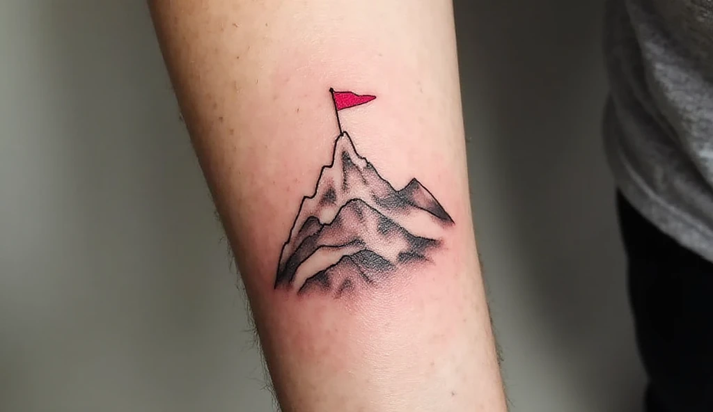 A close-up of a tiny mountain with a flag tattoo on the forearm, symbolizing conquering challenges and celebrating victories.