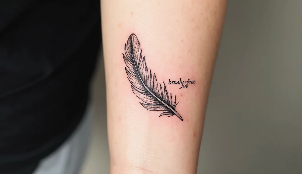 A close-up of a tiny feather tattoo with a short quote on the forearm, symbolizing lightness and personal strength.