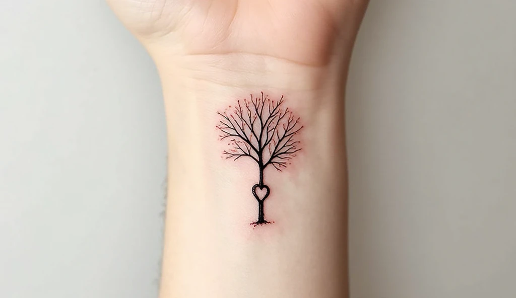 A close-up of a small tree tattoo with a heart in the trunk, symbolizing growth, roots, and love.