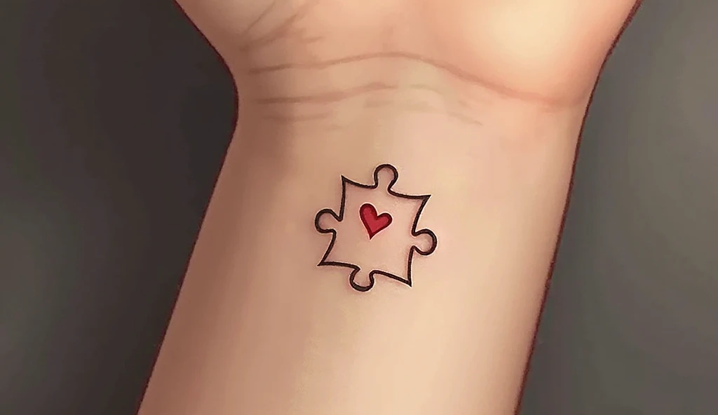 A close-up of a small puzzle piece with a heart tattoo, symbolizing belonging, love, and finding your place in the world.