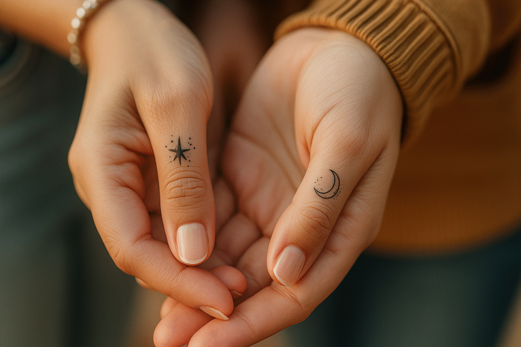 Star and moon finger tattoo ideas on finger symbolizing cosmic love, light, and balance.