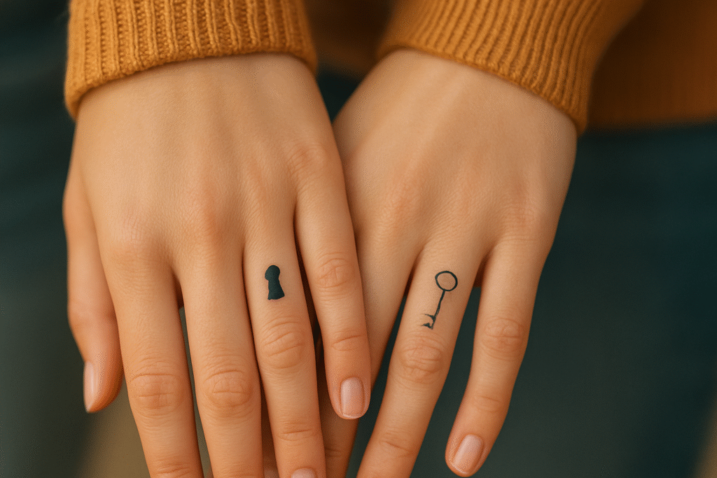 Minimal keyhole and key finger tattoo ideas on finger representing trust, intimacy, and connection.