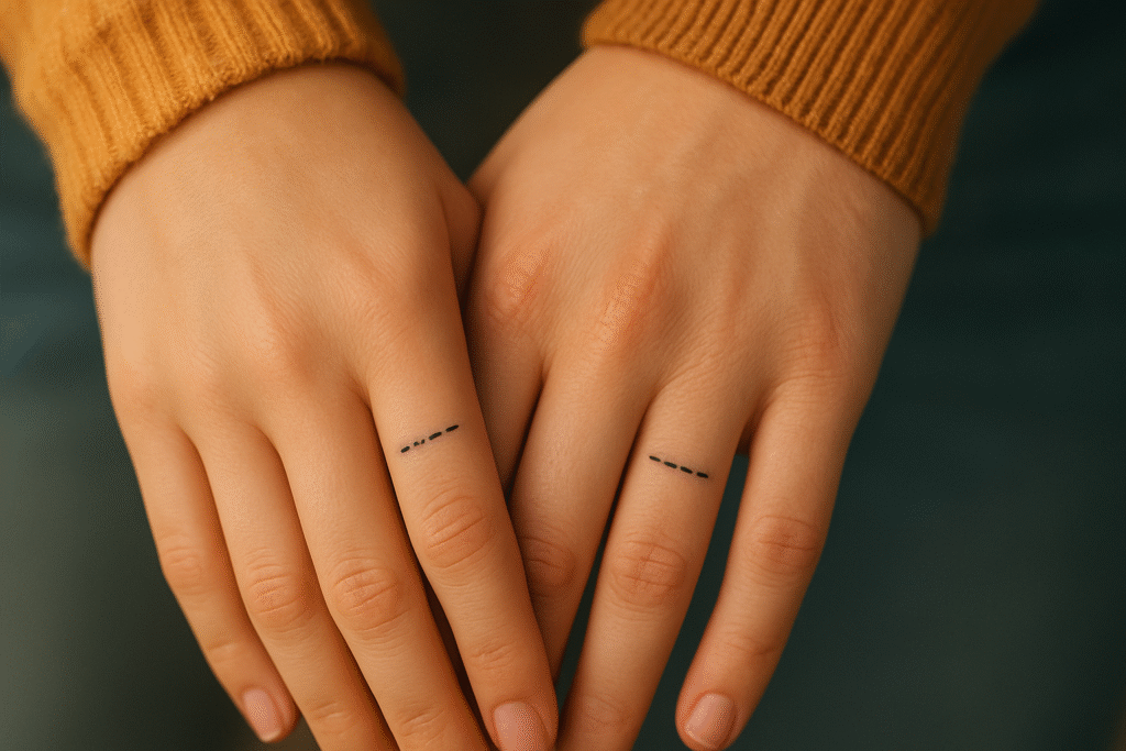 Love in Morse code finger tattoo ideas on finger symbolizing secret messages and deep connection.