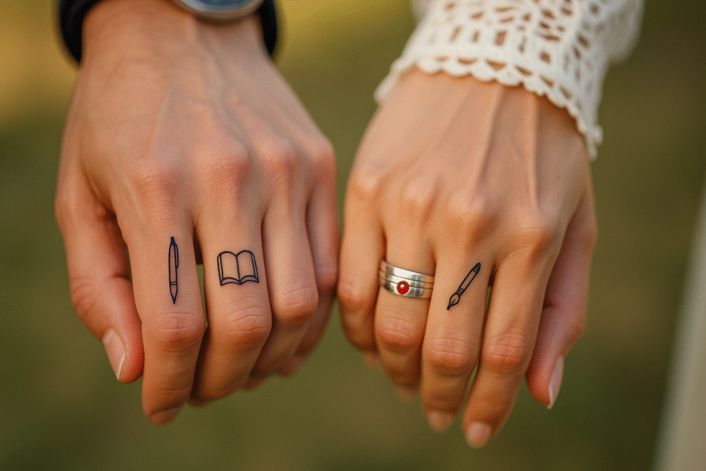 Tiny book and pen finger tattoo ideas on finger representing shared stories, creativity, and love journey.