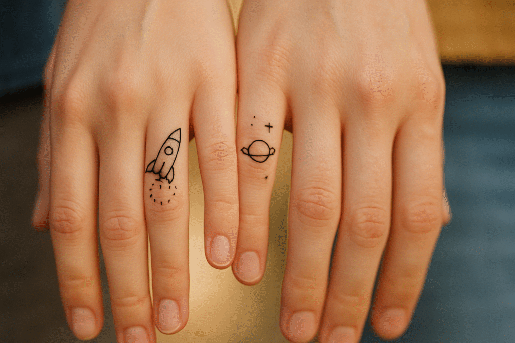 Tiny planet and rocket finger tattoo ideas on finger representing adventure, dreams, and love’s journey.