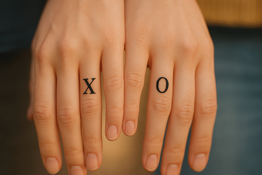 XO hugs and kisses finger tattoo ideas on finger symbolizing affection, love, and intimacy.