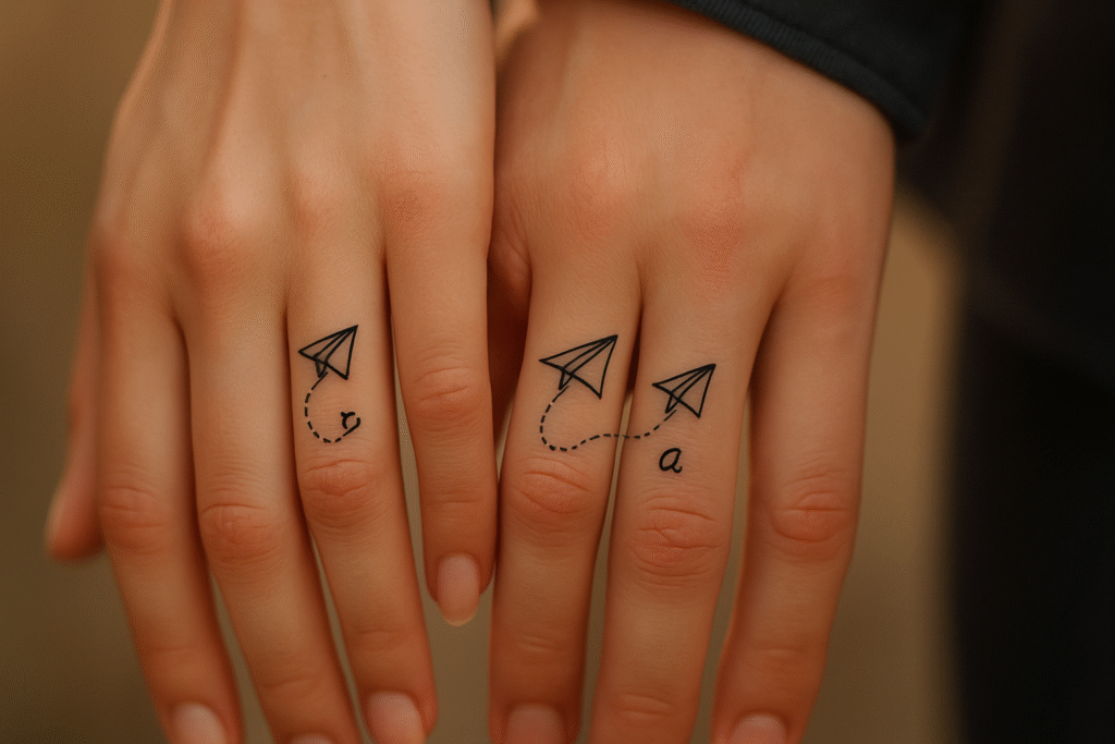 Tiny paper plane finger tattoo ideas on finger representing playful love, travel, and shared dreams.