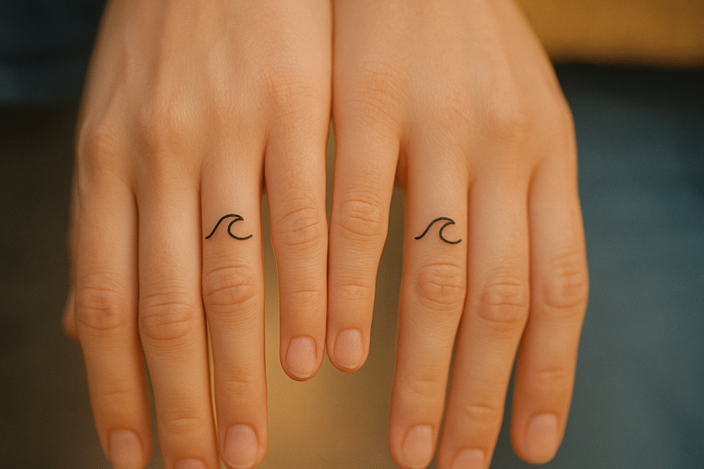 Tiny waves finger tattoo ideas on finger representing calm, flow, and love’s natural rhythm.