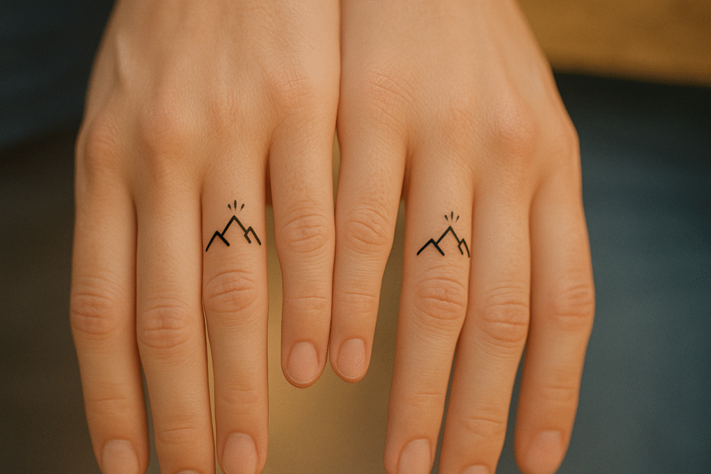 Tiny mountain peaks finger tattoo ideas on finger symbolizing strength, challenges, and love that endures.