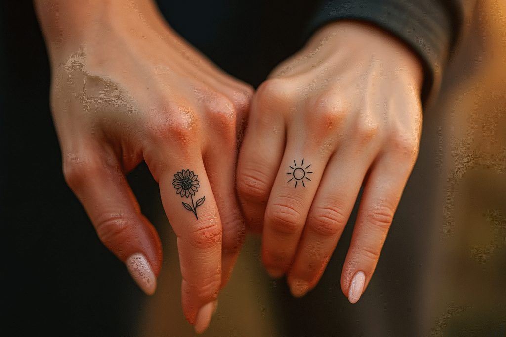 Sunflower and sun finger tattoo ideas on finger symbolizing growth, positivity, and shared happiness.
