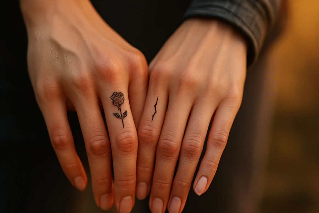 Rose and thorn finger tattoo ideas on finger representing beauty, resilience, and unconditional love.