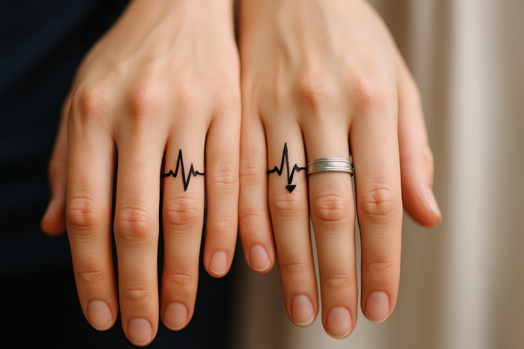 Lifeline pulse finger tattoo ideas on finger representing connection, devotion, and shared heartbeat.