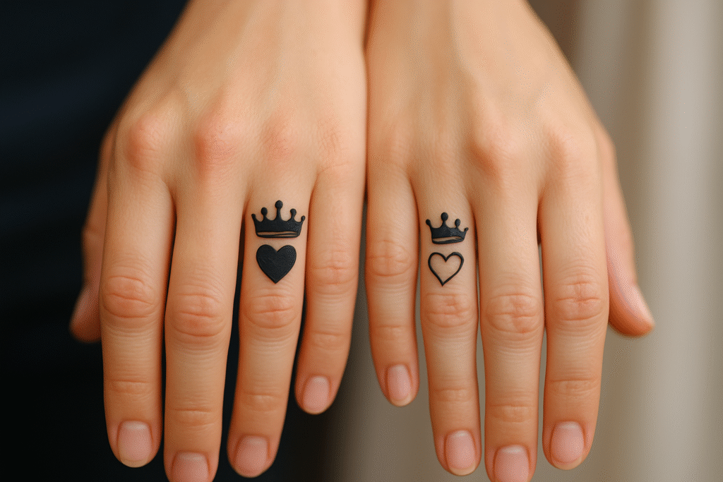 Tiny hearts with crown finger tattoo ideas on finger symbolizing royal love, loyalty, and devotion.