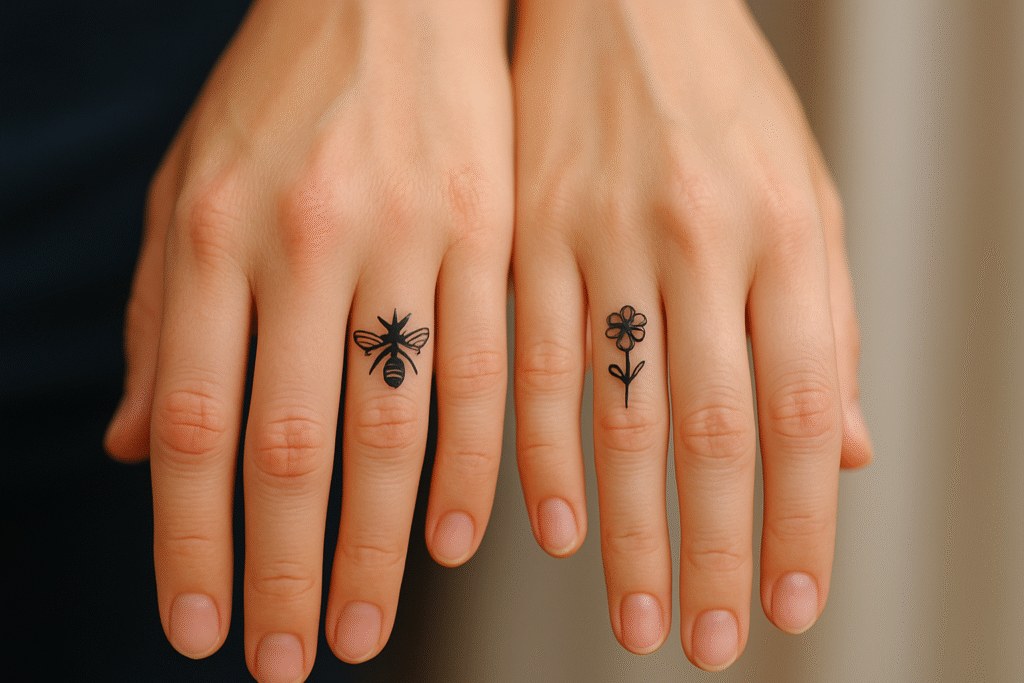 Bee and flower finger tattoo ideas on finger representing teamwork, sweetness, and nurturing love.