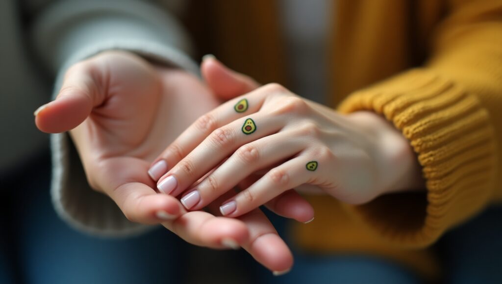 Cute avocado halves finger tattoo ideas on finger symbolizing fun, togetherness, and perfect match.