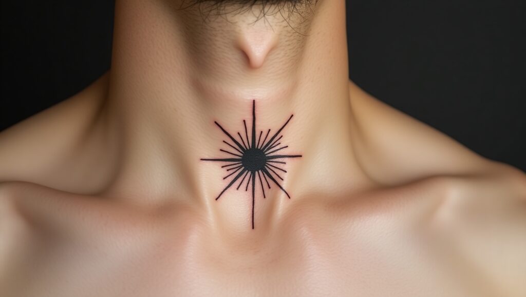Small solar flare tattoo representing energy and strength, perfect for tiny meaningful tattoos.