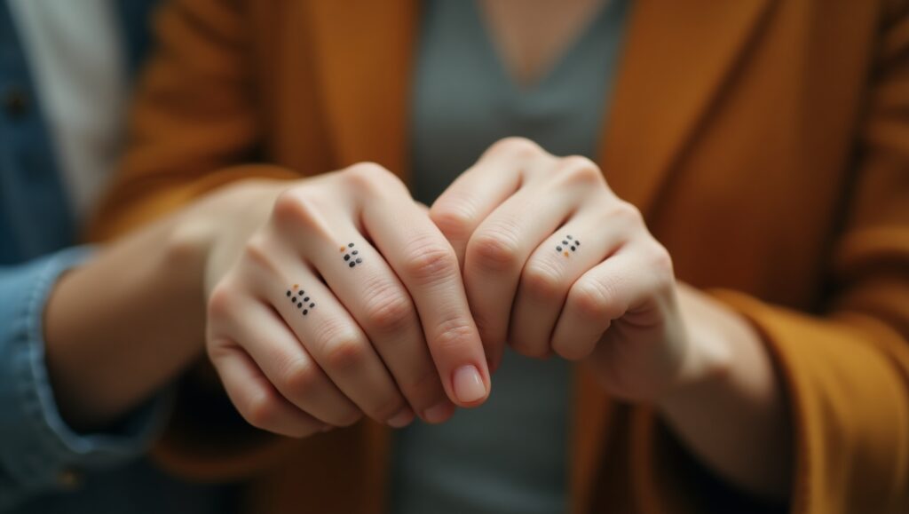 Simple three dots finger tattoo ideas on finger symbolizing journey, togetherness, and life path.