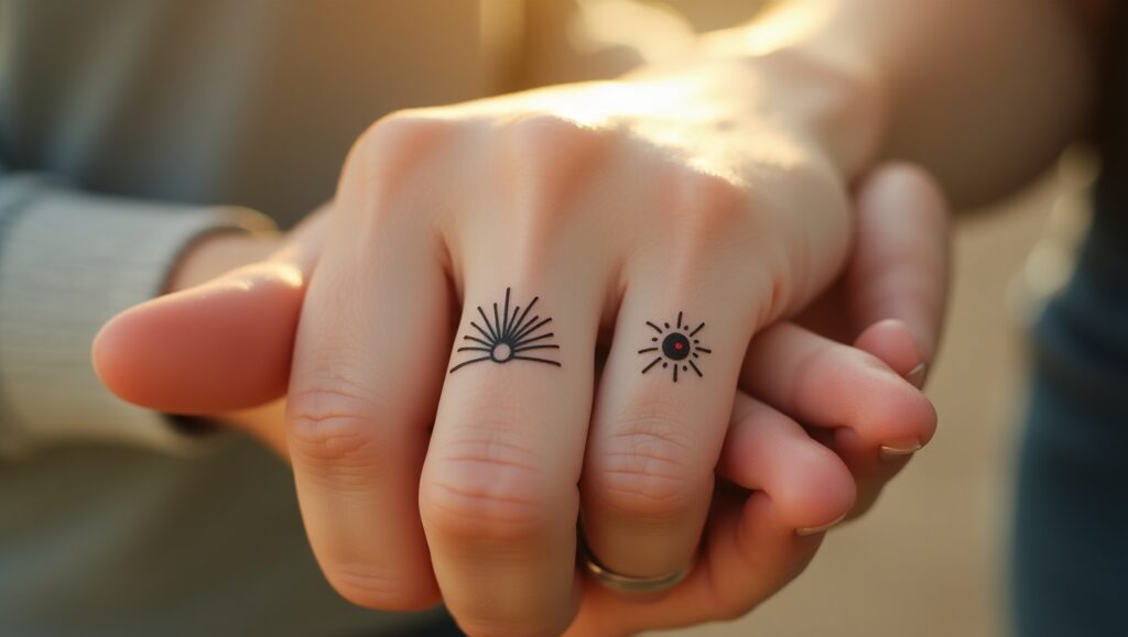 Tiny sun rays finger tattoo ideas on finger symbolizing warmth, positivity, and guiding light in love.