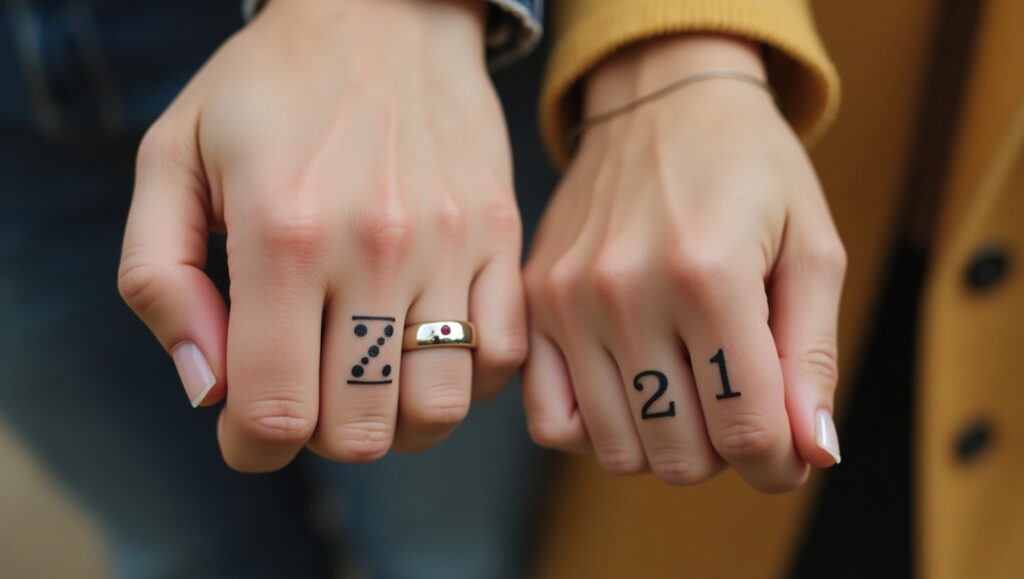 Dice with matching numbers finger tattoo ideas on finger symbolizing fate, luck, and shared destiny.