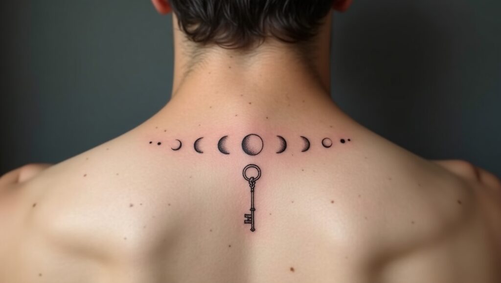 Tiny lock and key tattoo representing love and secrets, a meaningful small tattoo idea for couples.
