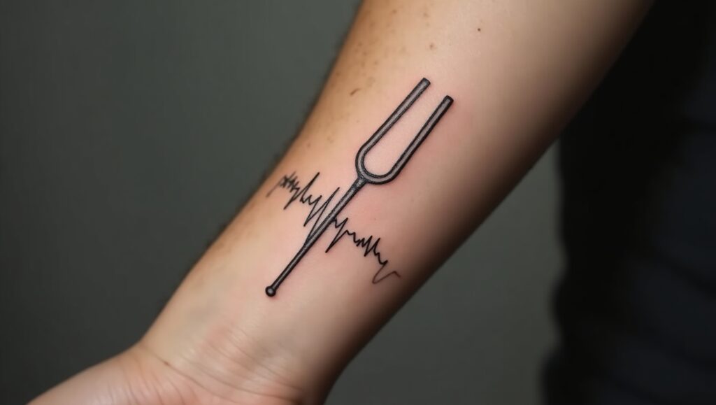 Tuning fork tattoo symbolizing harmony and balance, unique meaningful small tattoos design.