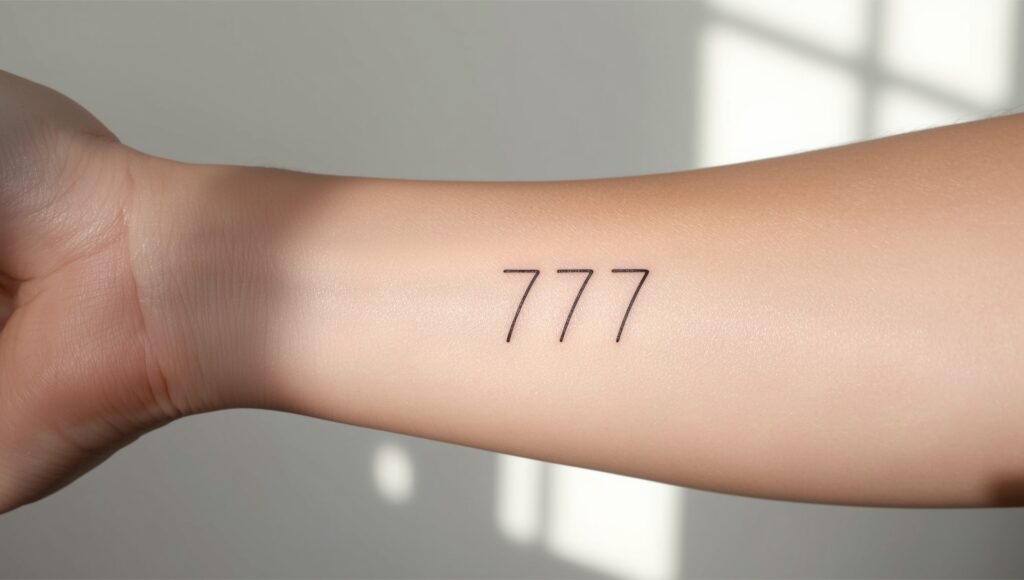 Angel number fine line tattoo on wrist, representing divine guidance.