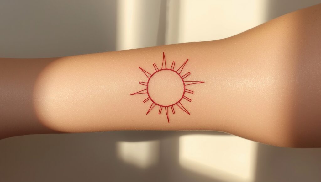 Minimal red sun fine line tattoo symbolizing energy and positivity.