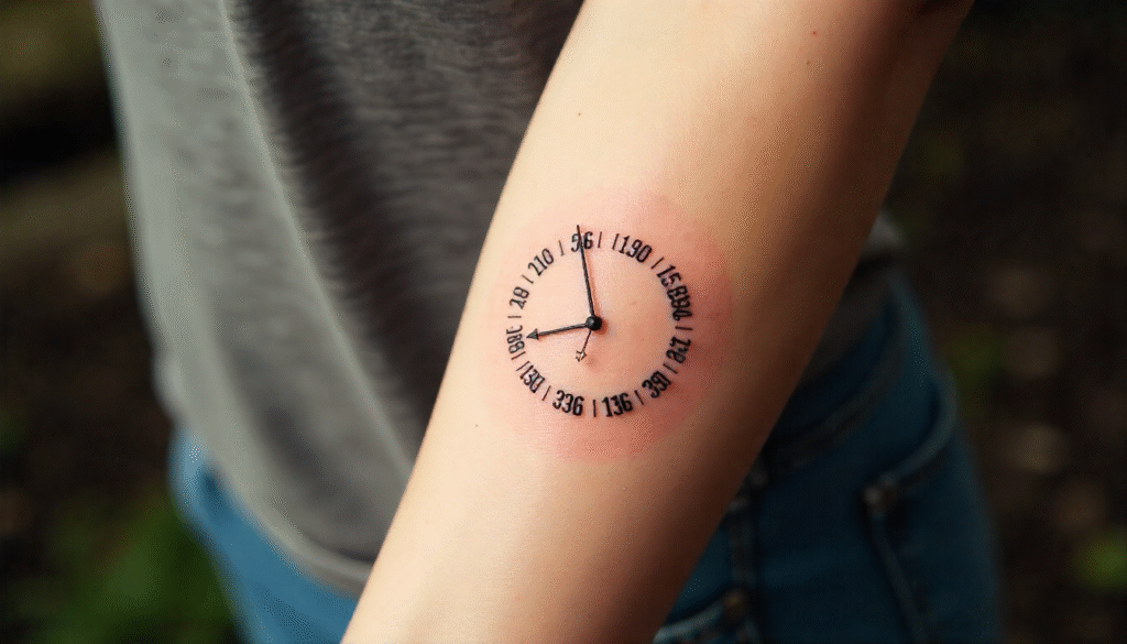 Unique clock-style fine line tattoo with family birth times.