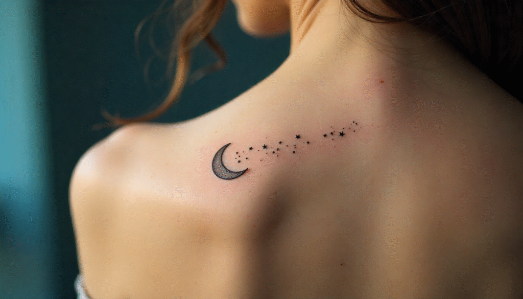 Delicate moon and stars fine line tattoo on shoulder for women.