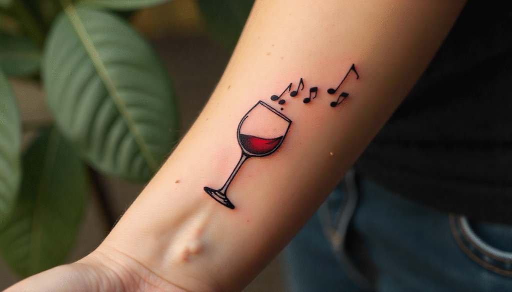 Minimal wine glass with notes fine line tattoo symbolizing joy.