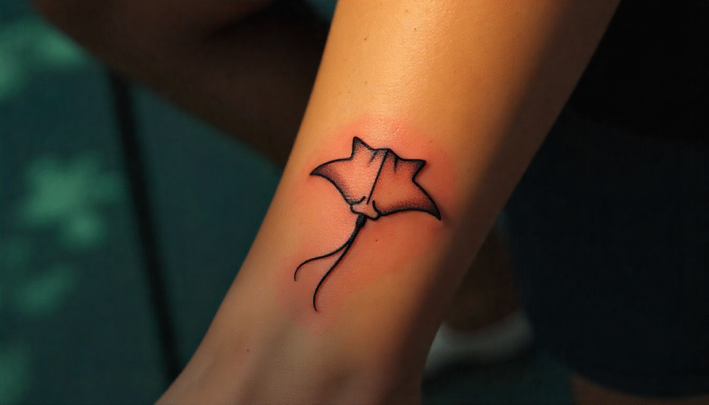 Elegant manta ray fine line tattoo symbolizing freedom and adaptability.